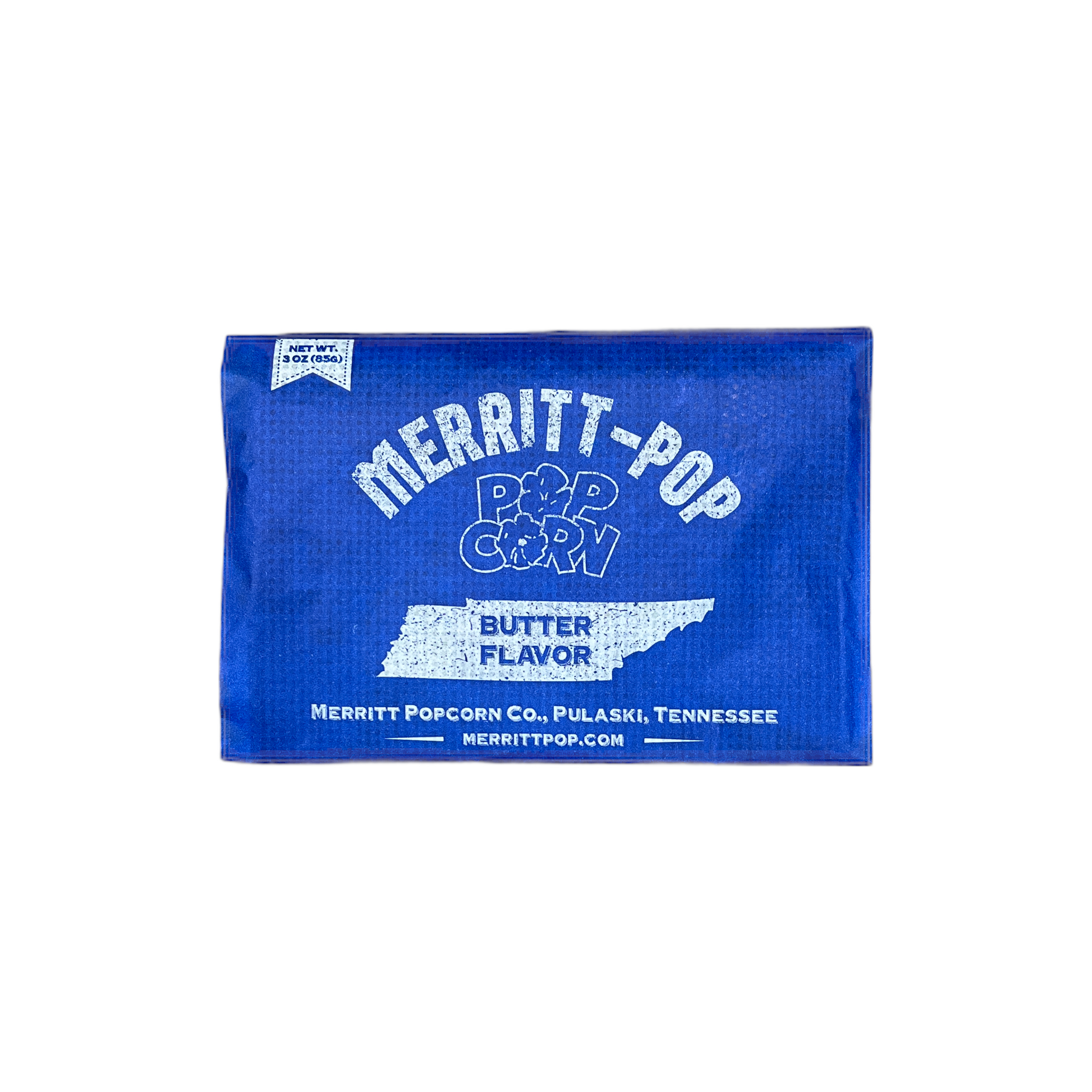 Blue bag of Merritt Popcorn with white text on a white background